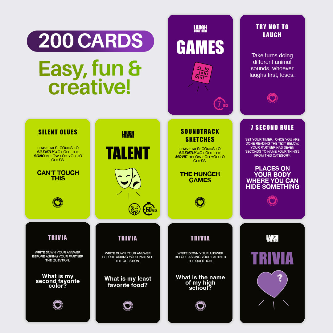 Laugh Together challenge cards for couples spread on table