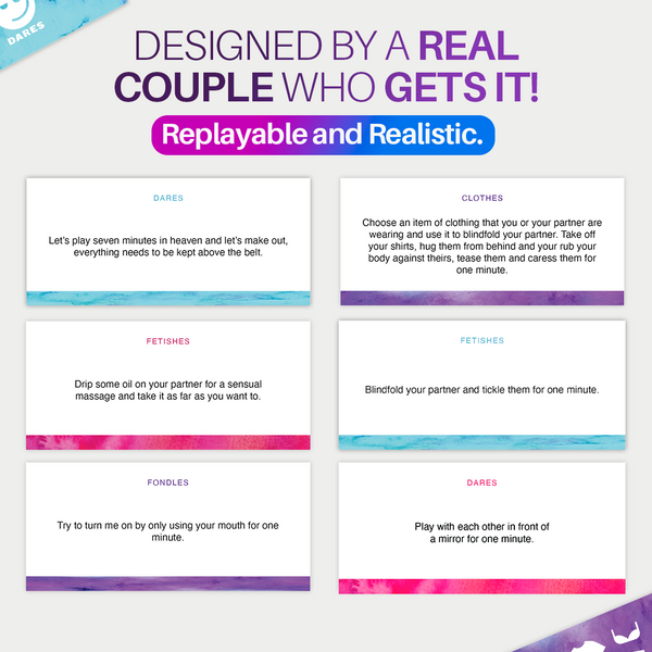 Close up of Why Not board game cards with couples challenges