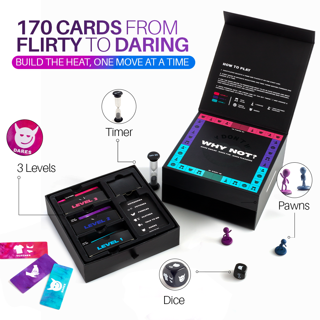 Why Not board game showing dice and card deck for couples